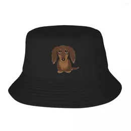 Berets Longhaired Chocolate Brown Dachshund Cartoon Dog Bucket Hat Panama Children Bob Hats Cool Fisherman Fishing Unisex Caps