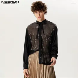 Men's Casual Shirts 2024 Men Shirt's Sparkling Sequins Lapel Lace Up Long Sleeve Clothing Streetwear Fashion Party S-5XL INCERUN