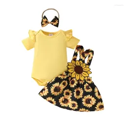 Clothing Sets Summer 0-18 Months Born Baby Girl Clothes Short Sleeve Yellow Bodysuit Tops Sunflower Suspender Dress Hairband 3Pcs