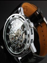 WINNER Fashion Faux Leather Mechanical Watch Men039s Decoration Watch Black Band STEAMPUNK Swiss Skeleton Man Watches Mechanica2402322