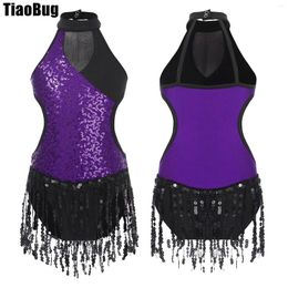 Stage Wear Kids Girls Sparkly Sequin Latin Dance Leotard Colour Block Patchwork Cutout Sleeveless Fringed Performance Costume