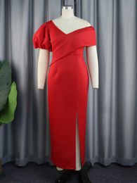 Womens Basic Dresses formal dress long evening dress classic red V-neck bare shoulder single sleeve irregularly sewn dress elegant celebration plus sizeL.24050721