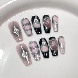 10Pcs Black Handmade Press On Nails Coffin Fake Full Cover Gradient Metal Contrast Artificial Manicure Wearable Nail Tips 240430