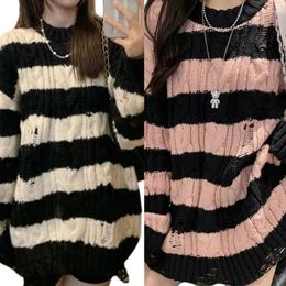 Women's Sweaters Women Hollow Ripped Cable Knit Long Sleeve Striped Pullover Sweater Tunic Top