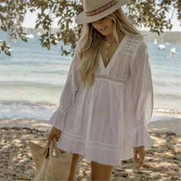 White Cotton Summer Beach Dress For Bikini Women 2024 Cover Up Long Lantern Sleeve Dresses Casual Loose Short Beachwear