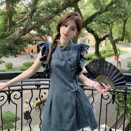 Work Dresses Chinese Style Dress Flying Sleeve Denim Slim Waist Vintage Y2k Stand Collar Women Skirts Sets Preppy Sweet Split