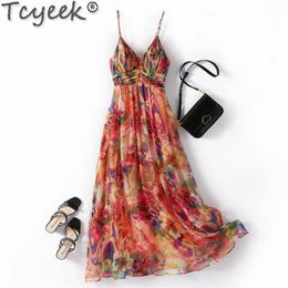 Tcyeek 100% Mulberry Real Silk Dresses for Women Summer Bohemian Long Slip Beach Dress Holiday Clothes Vestido Feminino Cjk 240419