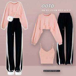 T-Shirts Women's Spring Autumn Sportswear Suit Korean Elegant Fashion Sports Long Sleeved Shirt+Suspenders+Wide Leg Pants Three Piece Set