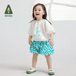 Clothing Sets Amila 2024 Summer Girls Outfit Puffy Sleeve Solid Colour Printed Top Plaid Shorts Cotton 2 Piece Set