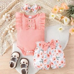 Clothing Sets Baby Girl Summer Set Sleeveless Frill Trim Ribbed Romper Elastic Waist Shorts Bow Headband Infant Toddler 3Pcs Outfit 0-18M