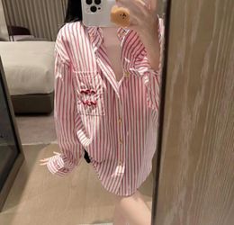 Women's Blouses Designer Embroidered letter pink striped shirts for women's spring new casual long sleeved POLO collar shirt top