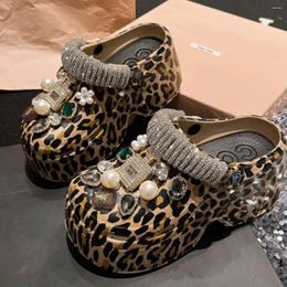 Slippers Women Leopard Summer Outdoor High Heels Sandals 2024 Crystal Elegant Charms Beach Wedge Slides Chunky Platforms Fashion