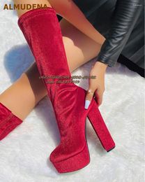 Boots ALMUDENA Red Velvet Chunky Heel Knee High Platform Round Toe Tall Zipped Elegant Women Evening Dress Shoes Size46