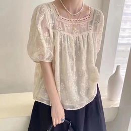 Women's Blouses Square Collar Elegant Lace Embroidered Blouse Summer Short Sleeve Shirt For Women Puff Vintage Loose Office Tops 27950