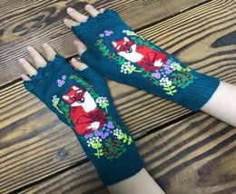 Five Fingers Gloves Women Knitted Lengthen Fingerless Animal Embroidery Mittens Arm Warmers X7JB18381685
