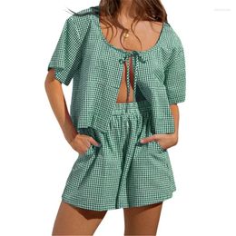 Women's Tracksuits Women Sets Two Pieces 2024 Summer Clothes Plaid Print Round Neck Tie Up Tops And High Waist Shorts 2000s Clothing