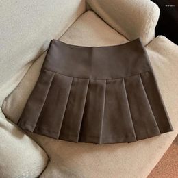 Skirts Trendy Mini Skirt Women's Imitation Leather With Belt Detail Pleated High Waist A-line Short Streetwear Summer