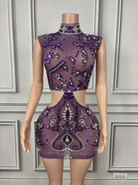 Stage Wear Purple Rhinestone Sleeveless Hollow Sexy Dress Birthday Celebrate Evening Short Female Singer Outfit Ziteng