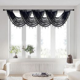 Curtain Black Lace Valance Voile Single Ripple Wavy Head With Beads Bottom Window Drape For Living Room Kitchen Study #E