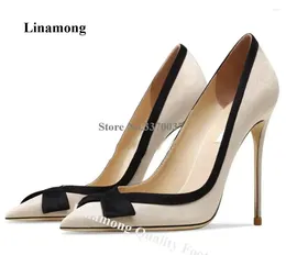 Dress Shoes Linamong Beige Suede Matte Leather Butterfly Stiletto Heel Pumps Pointed Toe Bowtie Slip-on 8cm 10cm 12cm High Heels