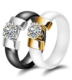 WholeWhite Black Ceramic Rings Plus Cubic Zirconia For Women Gold Colour Stainless Steel Women Wedding Ring Engagement Jewelry9712284