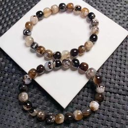 Link Bracelets Natural Black Flower Agate Bracelet Women Fashion Healing Crystal Round Beads Lovers Strand Jewellery Gift 1PCS