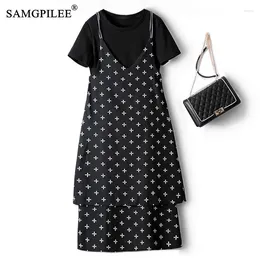 Work Dresses 2024 Summer Two-piece Dress Korean Style Fashion Suspender Short-sleeved T-shirt Printed Two Piece Sets Womens Outifits