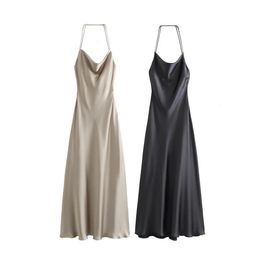 Womens autumn and winter long dress sexy backless hanging neck long dress silk satin texture lingerie style dress 240428