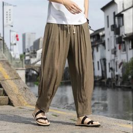 Man Pants Chinese Wind Light Ice Silk Pants Homme Linen Pants Summer Straight Baggy Pants Cotton Hemp Casual Pants Men Clothing 240418