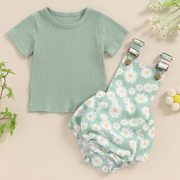 Clothing Sets Toddler Girls Summer Outfit Ribbed Short Sleeve T-Shirt And Daisy Print Overalls Shorts Romper Set Cute 2 Piece Clothes