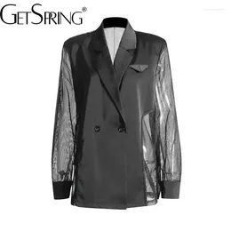 Women's Suits Women Blazer 2024 Perspective Mesh Stitching Long Sleeve Ladies Black Coat Fashion Suit Jacket