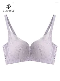 Bras BirdTree Lining Real Silk Gather Bra Women Large Chest Solid Wire Free Lace Sexy Thin Underwear 2024 Summer P44687QC