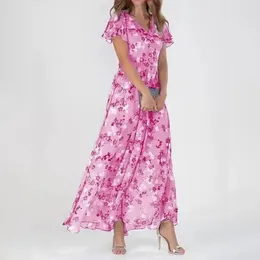 Casual Dresses Elegant Dress For Women 2024 Summer Fashion Floral Print Long V Neck Short Sleeve Bohemian Beach Sundress Party