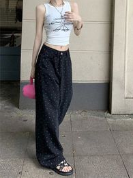 Black Polka Dot Straight Jeans Womens Spring Girl Design Sense Highwaisted Trousers Wideleg Pants Loose 240423