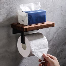 Set Toilet Paper Holder Wooden Shelf Tissue Roll Hanger Wall Mounted Paper Towel Bar Stainless Steel Racks Bathroom Hardware