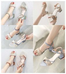 2024 New Luxury Thick heeled sandals for women blue white green versatile in summer gentle in the middle heel Roman buckle strap high heels
