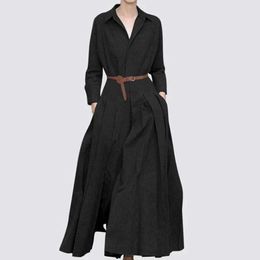 Basic Casual Dresses L-5XL 2022 New Solid Color Polo Neck Dress Casual Spring and Autumn Strapless Loose Plus Size Linen Dress COA Party DressL2405