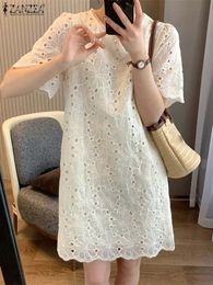 ZANZEA Women Mini Sundress Vintage Lace Embroidered White Dresses Summer Holiday Round Neck Vestidos Short Sleeve Lady Robe 240424