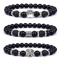 Vintage Lion Head Beaded Bracelets Men Obsidian Lava Stone Dog Paw Charm Bangles for Women Friendship Jewelry Gift 240423