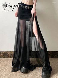 Skirts Yangelo Gothic Street Style Pure Colour Slim Fit High Waist Net Yarn Split 2024 Summer Women's Fashionable Skirt