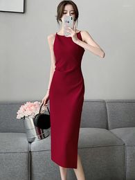 Casual Dresses 2024 Red Slash Neck Sling Long Dress Summer Pink Fashion Bodycon Luxury Party Vestidos Women Black Korean Vintage Hepburn