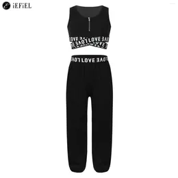 Stage Wear Kids Girls Letter Printed Crop Top With Active Leggings Sportswear For Dance Gymnastics Yoga Workout Fitness Athletic Tracksuit