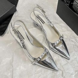 Dress Shoes Silver Zapatos Para Damas En Oferta Patent Leather For Woman Hollow Out Heeled Sandals Slingback Tacones Mujer Summer