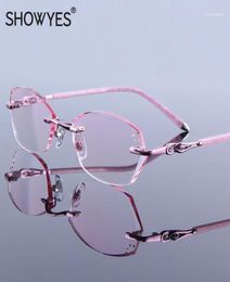 Rhinestone Eyeglass Women Luxury Reading Glasses Rimless Female High Clear Hyperopia Women039s Pink Reader Presbyopic Eye Glass3761573