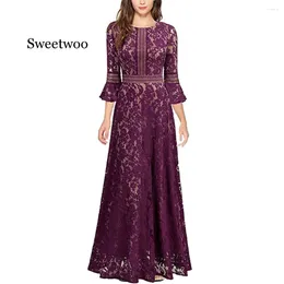 Party Dresses Women High Waist Lace Dress Half Sleeves Pleated Long Elegant Ladies Maxi