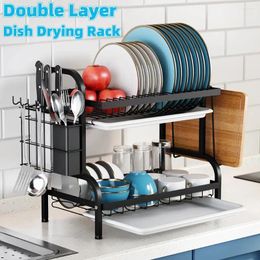 Kitchen Storage Dish Drying Rack Adjustable Plates Organiser With Drainboard Over Countertop Bowl Cutlery Holder Saving Space