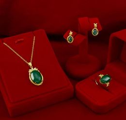 Natural Emerald Gemstone Gold Necklace Pendant 14k Yellow Jewelry Set Ring Stud Earrings For Women Wedding Jewery Bracelet 6621084