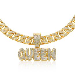 Hip Hop Diamond Queen Letter Pendant Full of Diamonds Personalized and Dominant Mens Hip Hop Necklace Cuban Chain