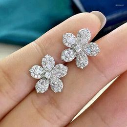 Stud Earrings Silver Color Crystal Cubic Zirconia Flower For Women Fancy Ear Accessories Birthday Gift Piercing Trendy Jewelry