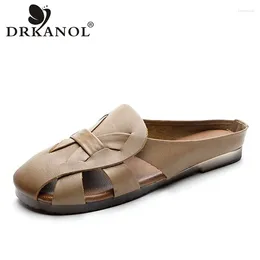 Slippers DRKANOL Handmade Retro Summer Women Genuine Cow Leather Soft Cow-Muscle Sole Flat Casual Ladies Outside Slides